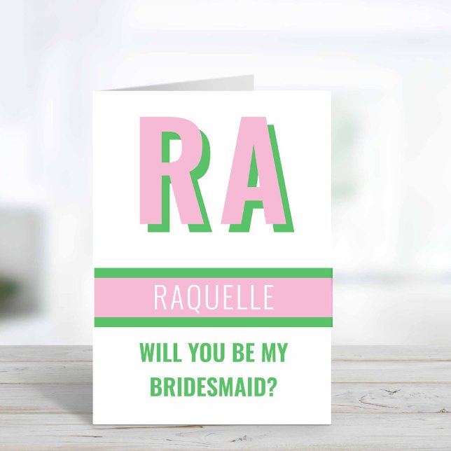 Niedliche Schattenmonogramm-Hochzeitsparerkarte Einladung (Light Pink + Green Will you be my Bridesmaid Card)