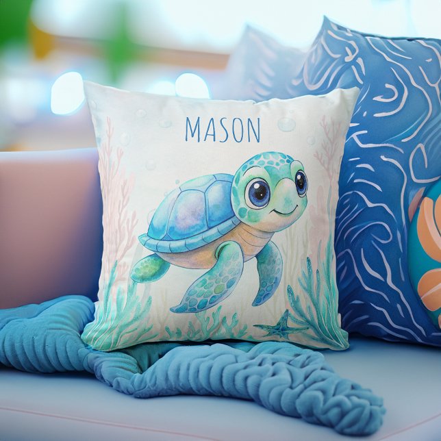 Niedliche Schildkröte Aqua Blue personalisierter N Kissen (Cute turtle aqua blue personalized name baby boy gifts personalized name throw pillow nursery decor)
