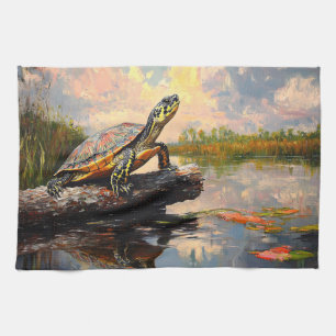 Niedliche Schildkröte auf einem Baumstamm Everglad Geschirrtuch