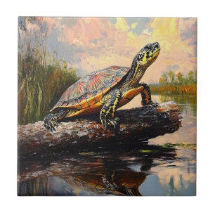 Niedliche Schildkröte auf einem Holzschnitt Fliese