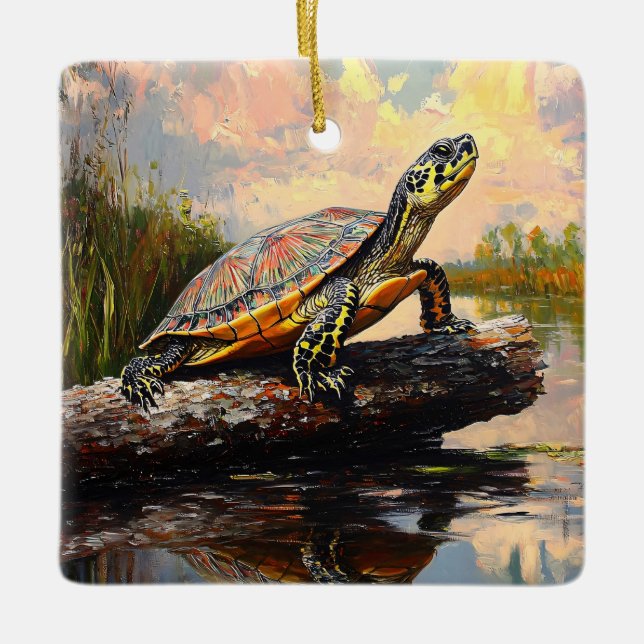 Niedliche Schildkröte auf einem Holzschnitt Keramikornament (Vorderseite)