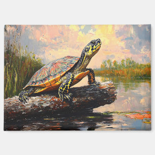 Niedliche Schildkröte auf einem Holzschnitt Magnet