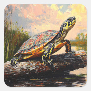 Niedliche Schildkröte auf einem Holzschnitt Quadratischer Aufkleber