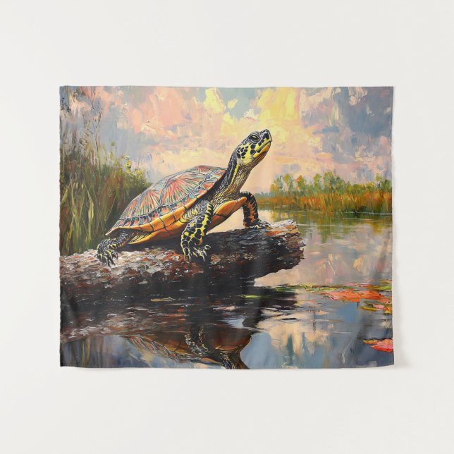 Niedliche Schildkröte auf einem Holzschnitt Wandteppich (Vorderseite (Horizontal))