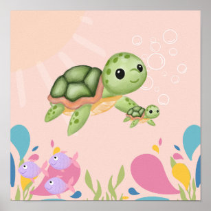 Niedliche Schildkröte in rosa Meereslandschaft, Poster