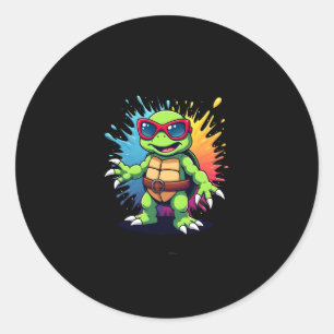 Niedliche Schildkröte mit Sonnenbrille, Farbspritz Runder Aufkleber