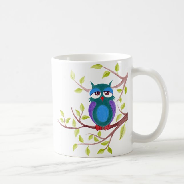 Niedliche schlafende Eule auf einem Cartoon Kaffeetasse (Rechts)
