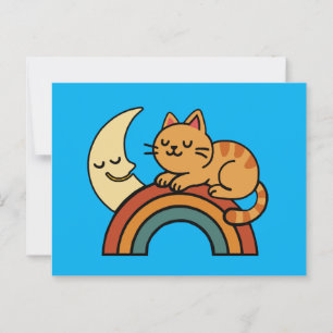 Niedliche Schlafkatze auf Regenbogen mit Mond Postkarte