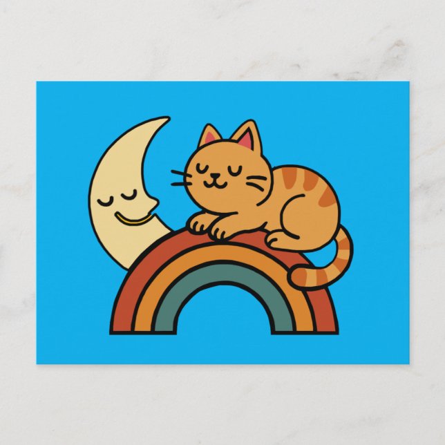 Niedliche Schlafkatze auf Regenbogen mit Mond Postkarte (Vorderseite)