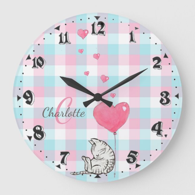 Niedliche Schläfrigkeit Katzenrosa Große Wanduhr (Vorderseite)