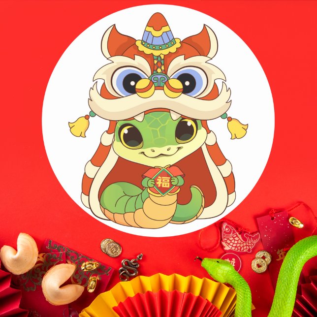 Niedliche Schlange in Lion Dance mit "Fu" Runder Aufkleber (Von Creator hochgeladen)
