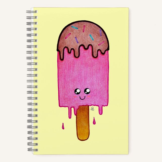 Niedliche Schmelze Pink Popsicle, Kawaii Cartoon Notizbuch (Vorderseite)