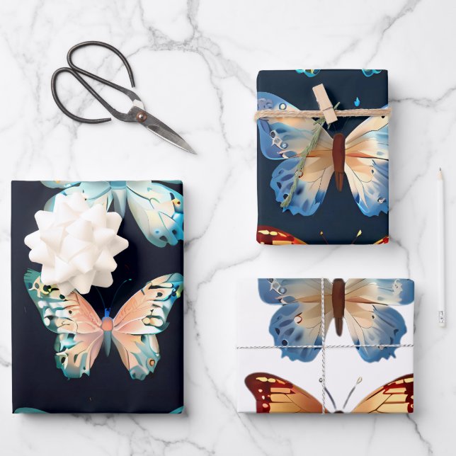 Niedliche Schmetterlinge mit blau-weißem Hintergru Geschenkpapier Set (Vorderseite)