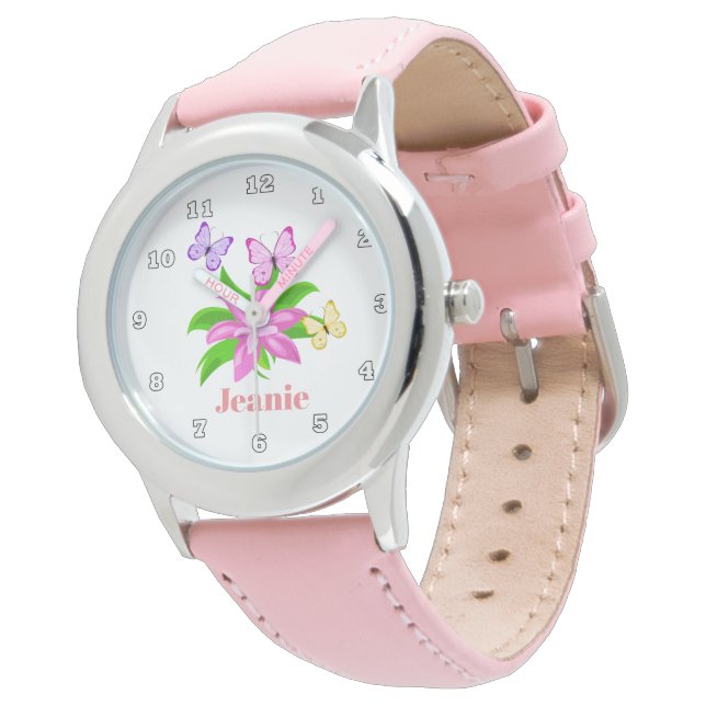 Niedliche Schmetterlinge und Blume Armbanduhr (Schrägansicht)