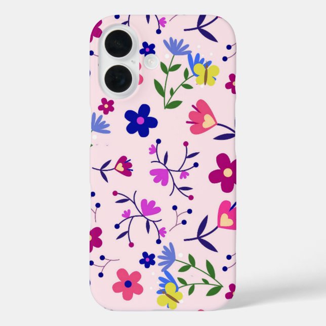 Niedliche Schmetterlinge und Blume auf Rosa iPhone 16 Hülle (Rückseite)