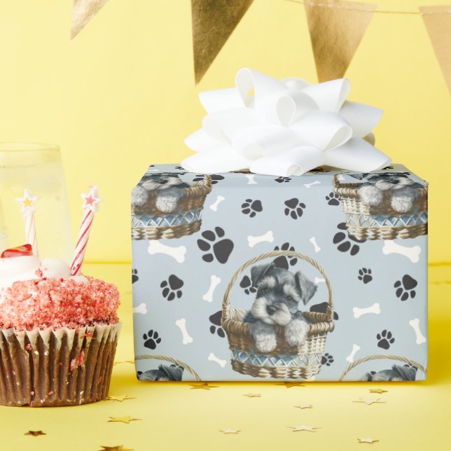 Niedliche Schnauzer-Welpe in Basketball-Pfau druck Geschenkpapier (Geburtstagsparty)