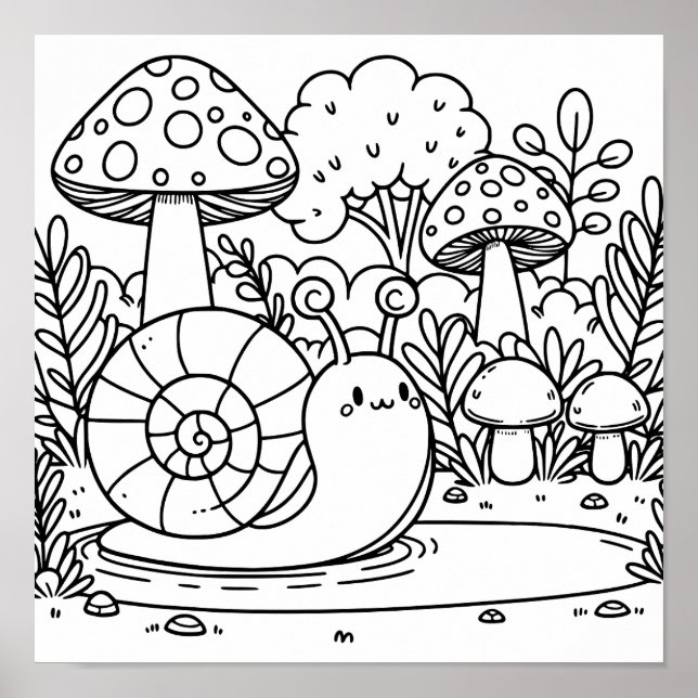 Niedliche Schnecke und Pilze | Farbe Poster (Vorne)