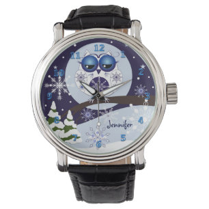 Niedliche Schneeeule u. Nameuhr Armbanduhr