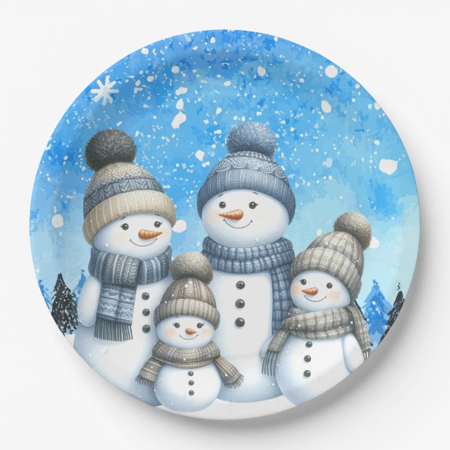 Niedliche Schneefamilie im Schnee Pappteller (Vorderseite)