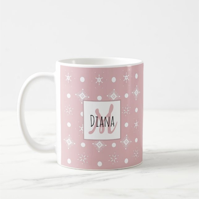 Niedliche Schneeflocken Name Monogram Erstmals Wei Kaffeetasse (Links)