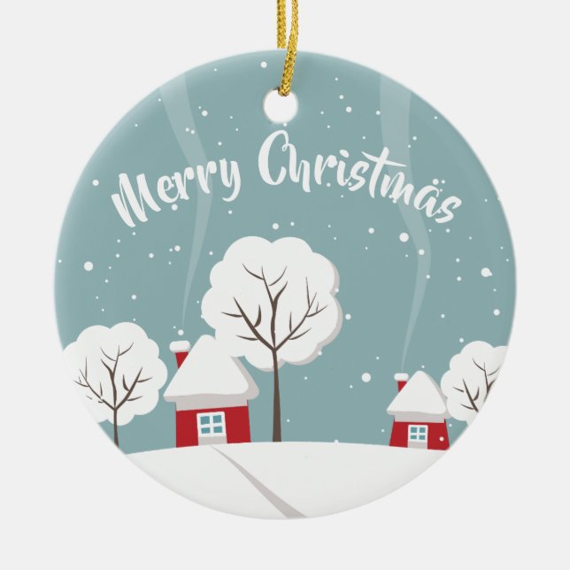 Niedliche Schneehäuser und Bäume Weihnachten Keramik Ornament (Vorne)