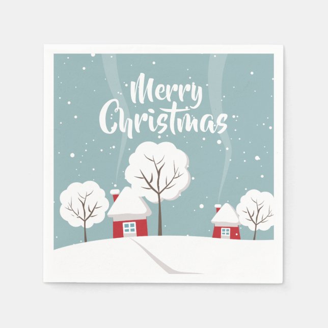 Niedliche Schneehäuser und Bäume Weihnachten Serviette (Vorderseite)