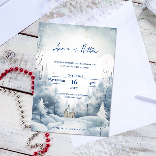 Niedliche Schneelandschaft Winterhochzeit Postkarte (Cute Snowy Landscape Winter Wedding Invitation Postcard)