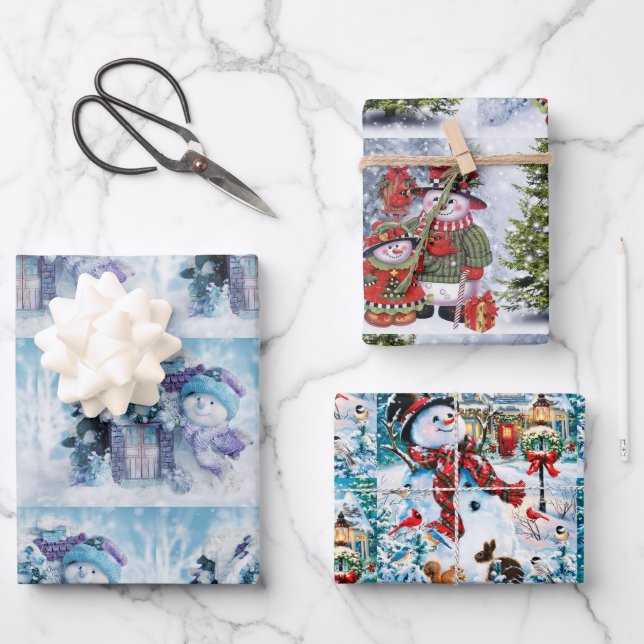 Niedliche Schneemann-Papierblätter Geschenkpapier Set (Vorderseite)