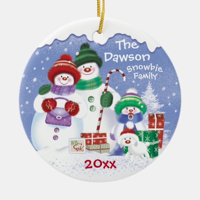 Niedliche Schneemänner, Familie von 3 Snowbies, We Keramik Ornament (Vorne)