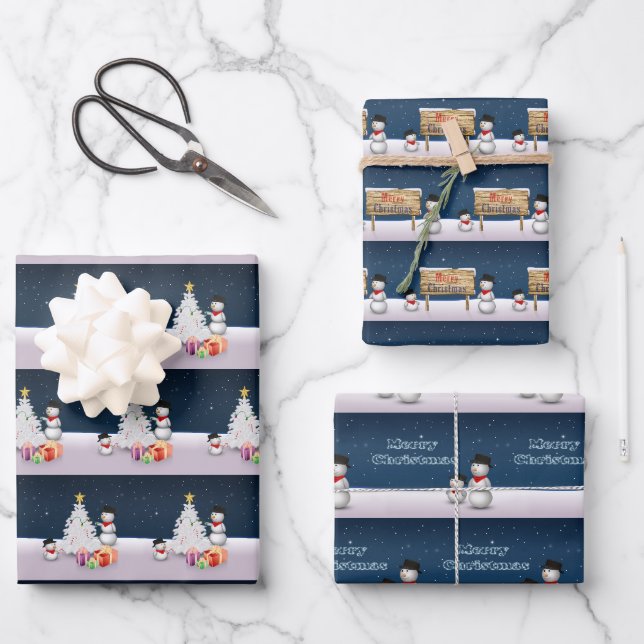 Niedliche Schneemänner Frohe Weihnachtsbaumschnee Geschenkpapier Set (Vorderseite)