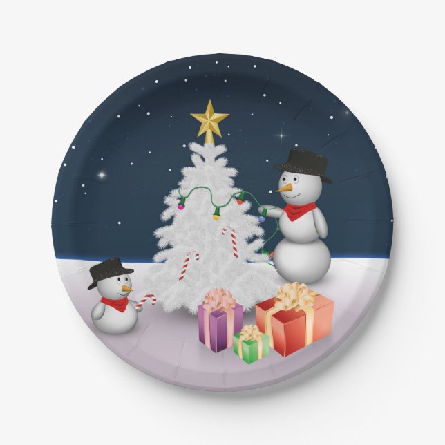 Niedliche Schneemänner mit Weihnachtsbaum Pappteller (Vorderseite)