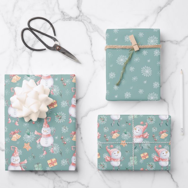 Niedliche Schneemänner schenken Schneeflocken an W Geschenkpapier Set (Vorderseite)
