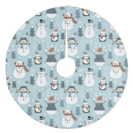 Niedliche Schneemänner und Pinguine Fleece Weihnachtsbaumdecke