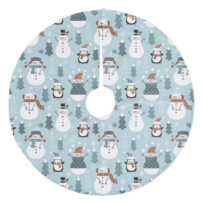 Niedliche Schneemänner und Pinguine Fleece Weihnachtsbaumdecke (Vorderseite)