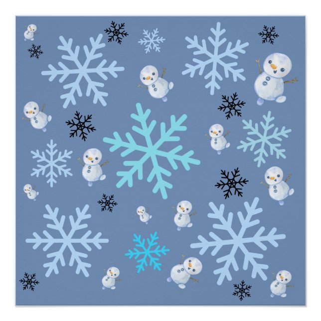 Niedliche Schneemänner und Schneeflocken in aquama Poster (Vorderseite)