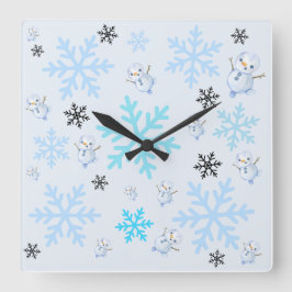 Niedliche Schneemänner und Schneeflocken in hellbl Quadratische Wanduhr