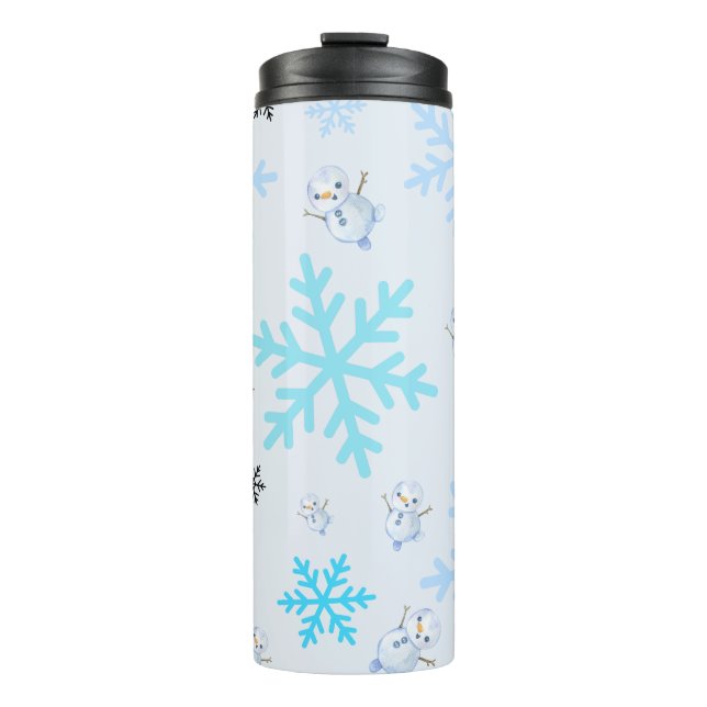 Niedliche Schneemänner und Schneeflocken in hellbl Thermosbecher (Vorderseite)