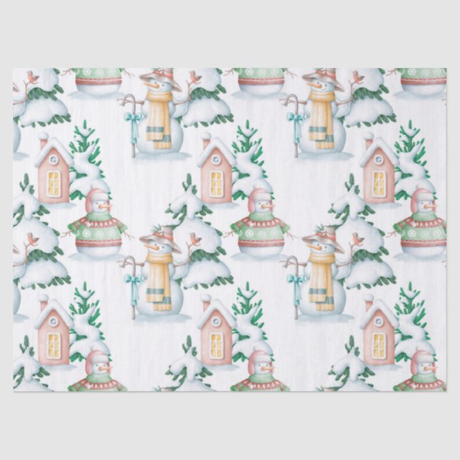 Niedliche Schneemänner und Weihnachtsbaumen Dekoup Seidenpapier (Vorderseite)