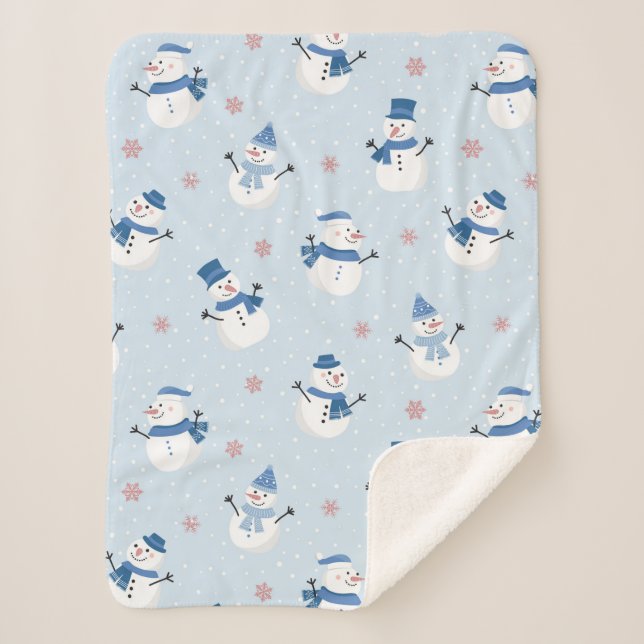Niedliche Schneemänner und Weihnachtsbaummuster Sherpadecke (Vorderseite)