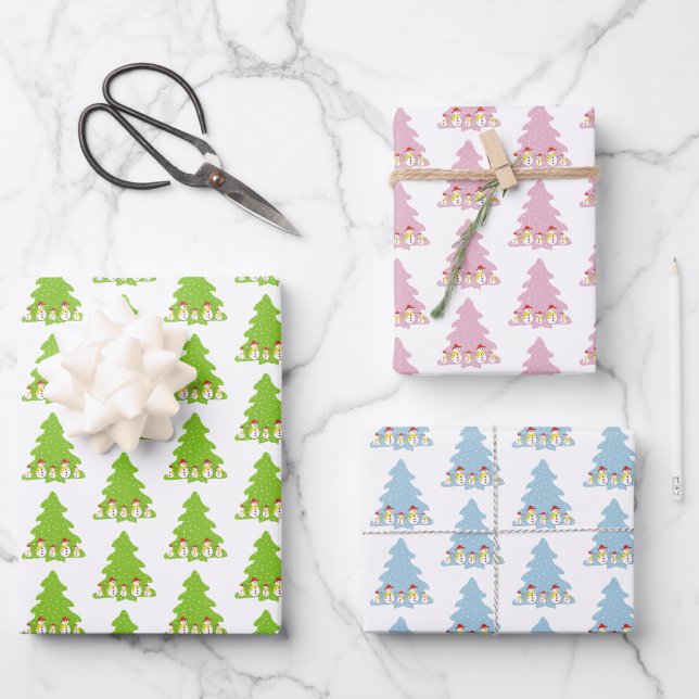Niedliche Schneemänner und Weihnachtsbaumvorstellu Geschenkpapier Set (Vorderseite)