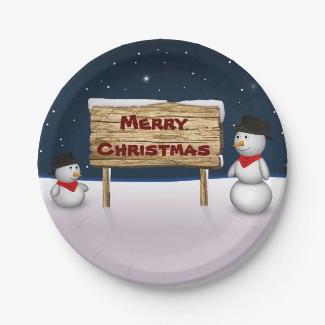 Niedliche Schneemänner wünschen frohe Weihnachten Pappteller (Vorderseite)