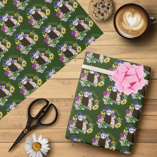 Niedliche Schokolade Sable Ferret Blumengrün Geschenkpapier (Von Creator hochgeladen)