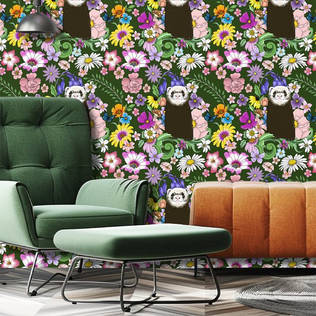 Niedliche Schokolade Sable Ferret Blumengrün Tapete (Von Creator hochgeladen)