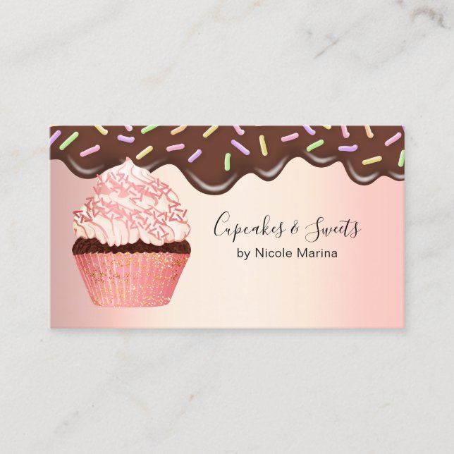 Niedliche Schokolade Tropfen Pink Cupcake Bäckerei Visitenkarte (Vorderseite)