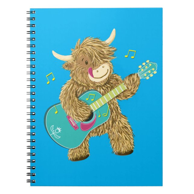 Niedliche schottische Hochlandkuh Plays Guitar Notizblock (Vorderseite)