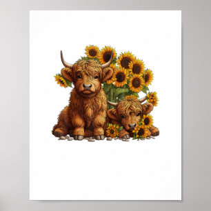 Niedliche schottische Hochlandkuh-Sonnenblumenmütt Poster
