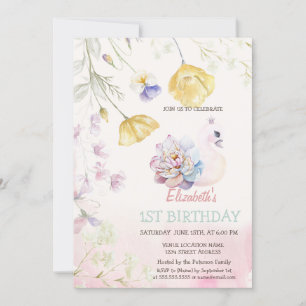 Niedliche Schwäne Wildblumen Geburtstag Einladung