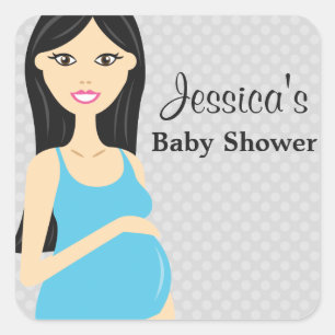Niedliche Schwangere in Blue Dress Baby Dusche Quadratischer Aufkleber
