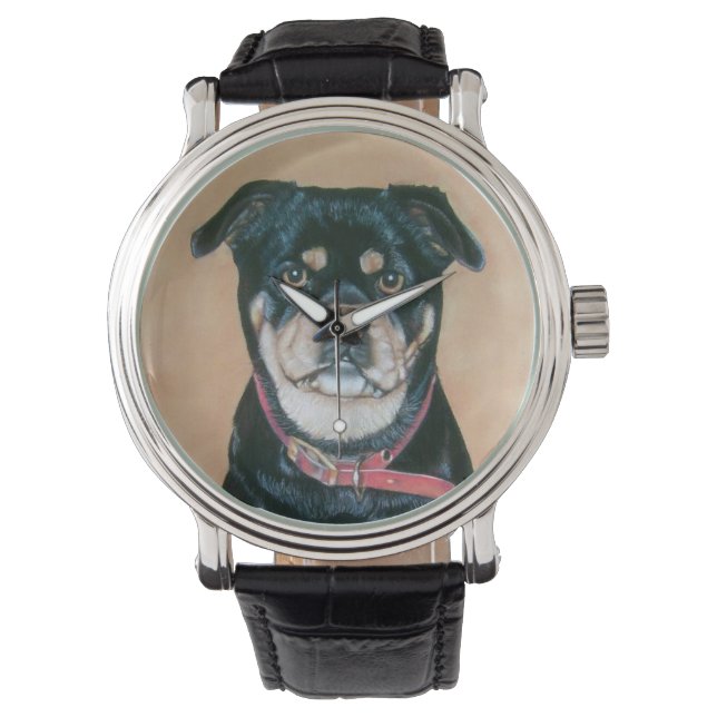 niedliche Schwarz-Bein-Mops-Porträtmalerei Armbanduhr (Vorderseite)