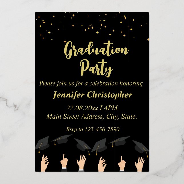 Niedliche Schwarz-Gold-Glitzern-Graduierungsparty Folieneinladung (Vorderseite)